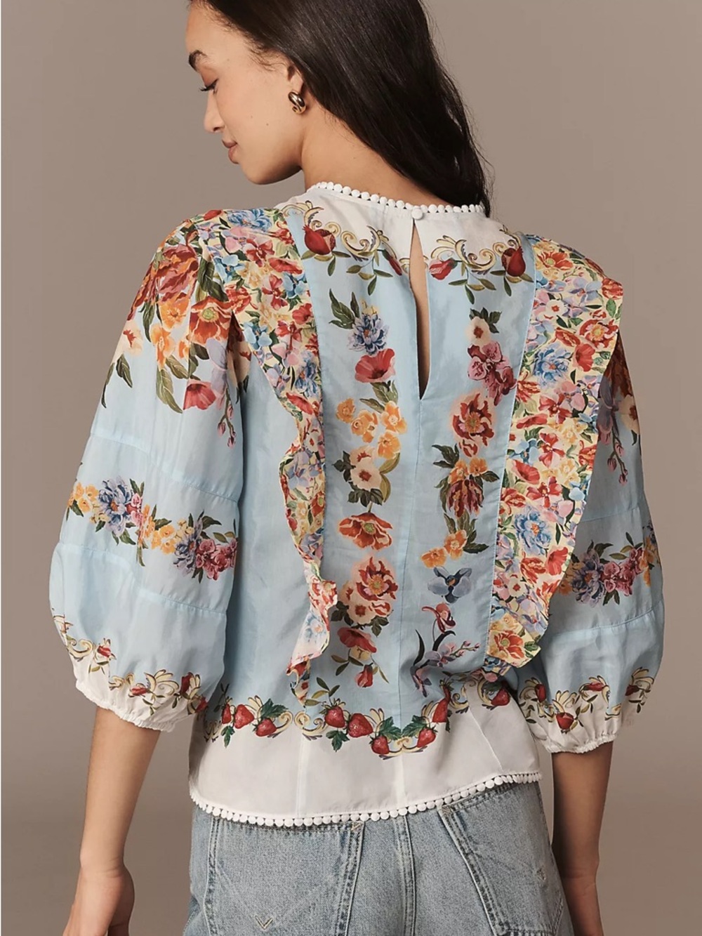 FARM Rio x Anthropologie Blue Floral Printed Lace Trimmed Blouse Size XS NWT - Picture 2 of 7